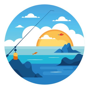 Balıkçı çubuklarıyla sakin bir okyanus manzarası. Yapay zekanın yarattığı deniz sükunetini ve sükunetini yakalamak. Vektör simgesi