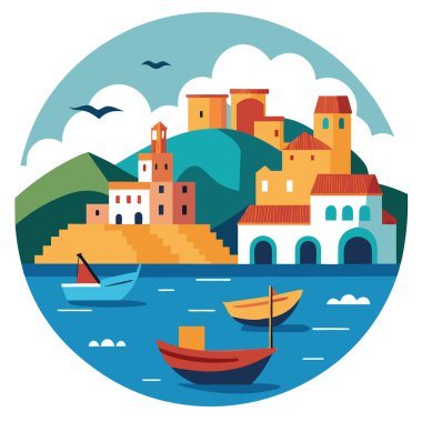 Calabria Scilla şehrinin güzel denizleri ve geleneksel balıkçı tekneleri olan yerleri. Yapay zeka üretildi. Vektör simgesi