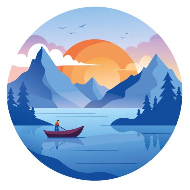 Sabahın erken saatlerinde sakin bir gölde, gün doğumunda sis ve dağlarla balık tutma gezisi. Yapay zeka üretildi. Vektör simgesi
