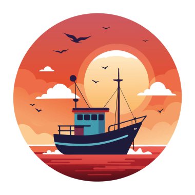 Balıkçı teknesi, üzerinde deniz kuşları uçuşan sakin suların üzerinde gün batımına doğru yelken açar. - Evet. Yapay zeka üretildi. Vektör simgesi