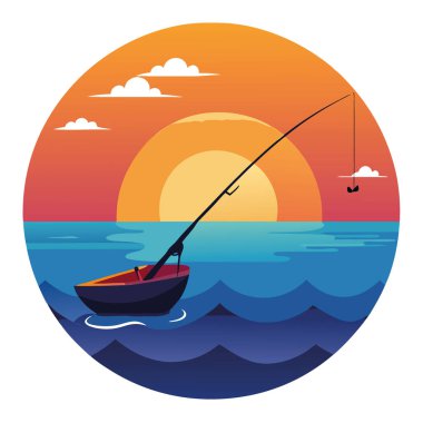 Gün batımında, sakin okyanus sularının üzerinde teknede olta. Huzurlu bir atmosfer yaratmak. Yapay zeka üretildi. Vektör simgesi