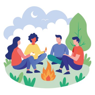 Grup dört kişi kamp ateşi etrafında otlak arazisinde İşçi Bayramı 'nda kamp yapıyor. Yapay zeka üretildi. Vektör simgesi