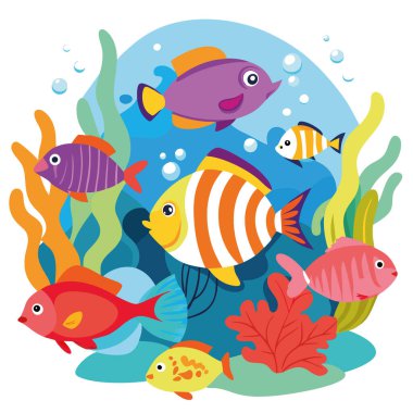 Renkli balık ve deniz hayvanlarından oluşan bir grup. Okyanusun altında renkli mercanları var. - Evet. Yapay zeka üretildi. Vektör simgesi