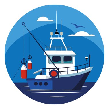 Derin mavi bir okyanus zeminine sahip bir tekneye monte edilmiş yüksek kaliteli balıkçılık ekipmanları. Yapay zeka üretildi. Vektör simgesi