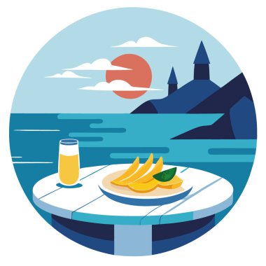 Baharatlı eritilmiş deniz kenarındaki yemek masası kıyı manzarası günbatımı sükuneti. Yapay zeka üretildi. Vektör simgesi