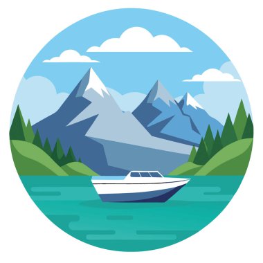 Pürüzsüz bir tekne ve arka planda görkemli dağlar olan manzaralı göl manzarası. Yapay zeka üretildi. Vektör simgesi