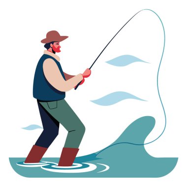 Sinek bir balıkçı dizlerine kadar nehirde duruyor. Yapay zekanın oluşturduğu hareket halindeki akıntıya doğru. Vektör simgesi