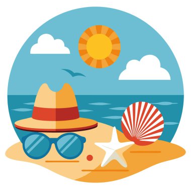 Okyanus manzaralı, şapkalı bir hayat. Deniz kabukları. Güneş gözlüğü. Ve parlak gökyüzünün altında kum. Yapay zeka üretildi. Vektör simgesi