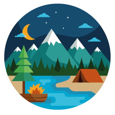 Parlak çadırlı bir gölün yanında kamp sahnesi. Dağlar. Ve barışçıl bir atmosfer yarattım. Vektör simgesi