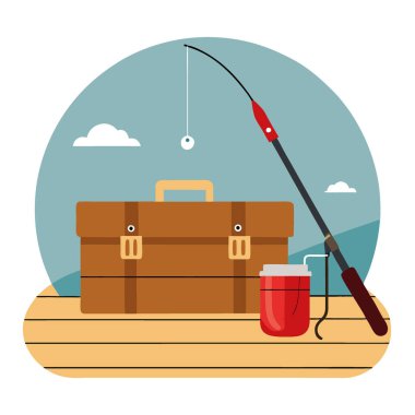 Kırsal bir ahşap yüzeyde olta ve olta kutusu. Yapay zekanın oluşturduğu bir balık avı gezisine hazırım. Vektör simgesi