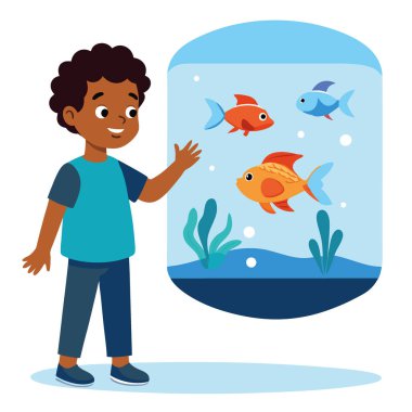 Okul gezisi sırasında akvaryum sergisinde çocuk holografik balıklarla etkileşime giriyor. Yapay zeka üretildi. Vektör simgesi