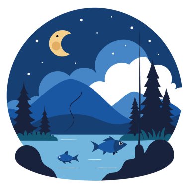 Tranquil Lakeside Under the Stars 'ın Sazan Balıkçılığının tadını çıkarıyorum. Yapay zeka üretildi. Vektör simgesi
