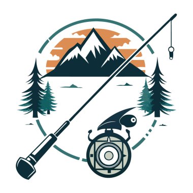 Yakından Balıkçılık Çubuğu & Makara. Rustic Lake Escape - Balık tutma günü makaleleri için mükemmel. Yapay zeka üretildi. Vektör simgesi