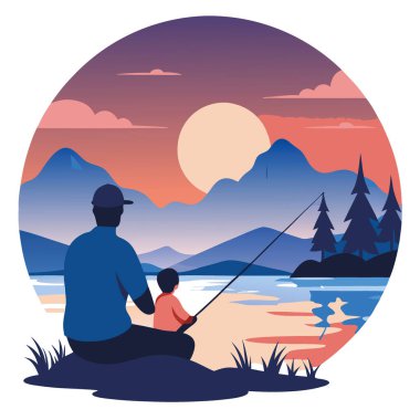 Huzurlu bir gölde gün batımının tadını çıkaran bir baba ve oğulun fotoğrafı. Yapay zeka üretildi. Vektör simgesi