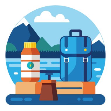 Hidrasyon ve macera bekliyor. Su şişesi rıhtımda keşif için hazır. Yapay zeka üretildi. Vektör simgesi