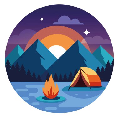 Gün batımında sakin bir gölün yanında çadır. Parlak bir kamp ateşi ve görkemli dağlarla yapay zeka oluşturuldu. Vektör simgesi