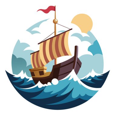 Geleneksel trol balıkçı teknesi dalgalı denizlerde yol alıyor. Dramatik okyanus ışığı. Yapay zeka üretildi. Vektör simgesi