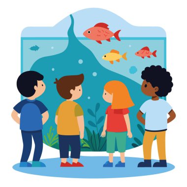 Çocuklar Akvaryumda Balık İzler. Korku ile Sucul Yaşamı 'nı gözlemlemek. Doğadan büyülendim. Yapay zeka üretildi. Vektör simgesi