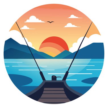 Gün batımında bir tekneden sakin bir manzara. Yapay zekanın ürettiği balık tutma çubukları ve sakin okyanus suları sergileniyor. Vektör simgesi