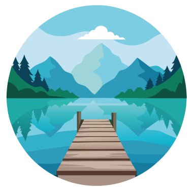 Huzurlu bir dağ gölüne uzanan, yapay zekanın oluşturduğu sisli tepeleri yansıtan sakin ahşap rıhtım. Vektör simgesi
