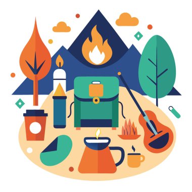 Kamp malzemeleri ateşin etrafına dizilmiş. Yapay zekanın ürettiği kumaş üzerinde alet ve çantalar vardı. Vektör simgesi