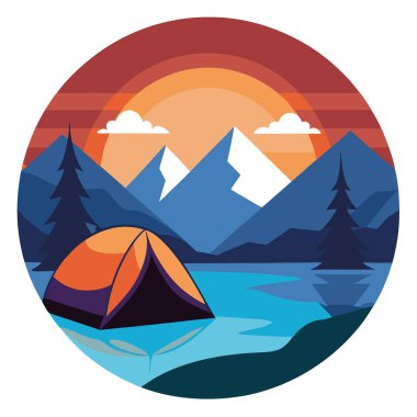 Gün batımında dağları olan sakin bir göl kenarında kamp çadırı. Barışçıl bir açık hava macerası yapay zeka yarattı. Vektör simgesi