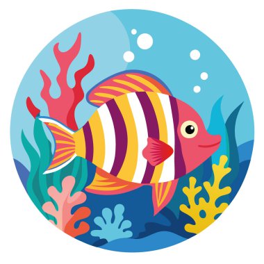 Sualtı macerası sırasında canlı mercan resiflerini keşfeden renkli tropikal balıklar. Yapay zeka üretildi. Vektör simgesi