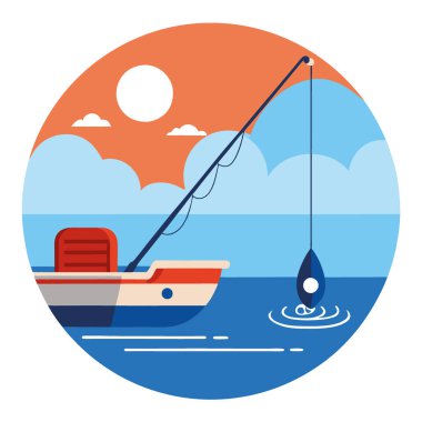 Teknede olta ve olta. Sakin suda dinleniyor. Yapay zekanın oluşturduğu sakin bir açık hava sahnesi. Vektör simgesi