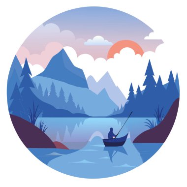 Sakin bir gölde sakin bir şafak balıkçılığı gezisi ve sabahın erken saatlerinde sislerin yükselmesi. Yapay zeka üretildi. Vektör simgesi