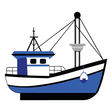 Mavi çizgili ve vinçli beyaz bir balıkçı teknesi. Yapay zekanın oluşturduğu siyah bir arkaplanda izole edilmiş. Vektör simgesi