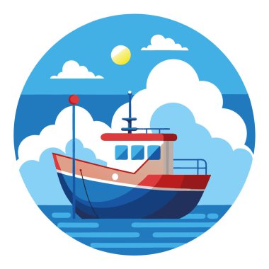 Sakin sularda, mavi gökyüzünün altında tüy gibi bulutları olan bir balıkçı teknesinin sakin bir görüntüsü. Vektör simgesi