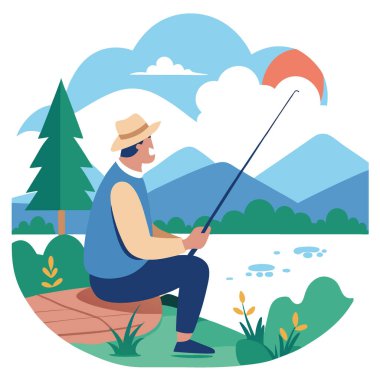 Huzurlu gölde balık tutan emekli bir adam. Yapay zekanın yarattığı doğayla çevrili huzurlu anın tadını çıkarıyor. Vektör simgesi