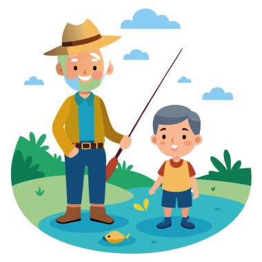 Kaynayan Akarsular ve Bağlanma Anları. Büyükbaba ve torununun Balık Avlama Macerası. Yapay zeka üretildi. Vektör simgesi