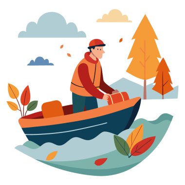 Baba ve kızı nehir boyunca bir motorlu tekne ile seyahat ediyorlar. Sonbahar kıyafetleri içinde yapay zeka üretildi. Vektör simgesi