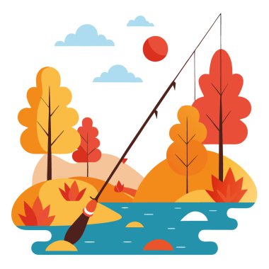 Yapay zekanın oluşturduğu canlı düşen yapraklarla çevrili sakin bir sonbahar nehrine doğru uzanan olta kamışı. Vektör simgesi