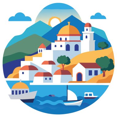 Girit 'teki Agia Galini köyünün ünlü küçük balıkçı limanıyla manzarası. Yapay zeka üretildi. Vektör simgesi