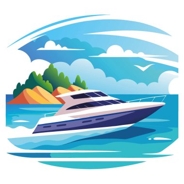 Lüks motorlu tekne kristal berrak sularda yüzüyor. dinamik hareket. Manzaralı deniz kenarı yapay zeka üretildi. Vektör simgesi