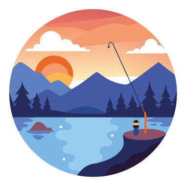 Sunset 'te Bokeh' le Serene Balıkçılık Gölü. Sakin Su. Balık oltası. Doğa Arkaplanı. Yapay zeka üretildi. Vektör simgesi