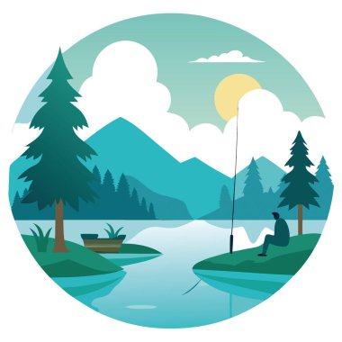Yazın erken saatlerinde, gür ağaçlarla çevrili sakin bir göl kenarında sakin bir sabah balıkçılığı. Yapay zeka üretildi. Vektör simgesi