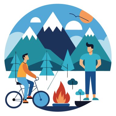İki adam dağlarda kamp gezisinin tadını çıkarıyor. Biri balıkçılık, diğeri bisiklet sürmek yapay zeka ürünü. Vektör simgesi