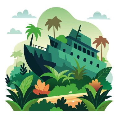 Un colosal naufragio cubierto de vejeterion en medio de una selva exuberante... yapay zeka tarafından üretildi. Vektör simgesi