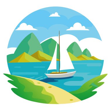 Güzel bir yelkenli, yapay zekanın ürettiği yemyeşil kıyı şeridi yakınlarındaki berrak sularda süzülüyor. Vektör simgesi