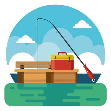 Suyun kenarındaki ahşap bir rıhtımda olta ve olta kutusu. Yapay zekanın oluşturduğu bir balık avı gezisine hazırım. Vektör simgesi