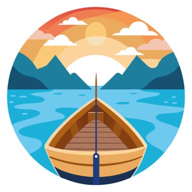 Sakin sulardaki bir teknenin pruvasından sakin bir manzara. Balık tutmak ya da rahatlamak için ideal yapay zeka. Vektör simgesi