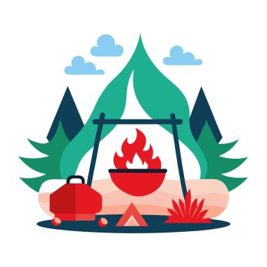 Kamp ateşi, kamp yaparken sıcak kömür ve su kaynatarak vahşi doğada pişiyor. Yapay zeka üretildi. Vektör simgesi