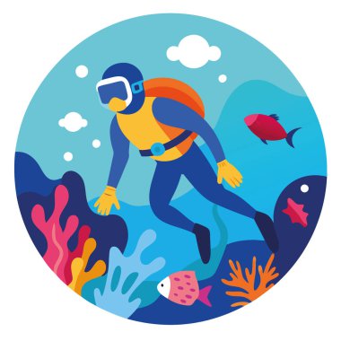 Dalgıç, bir sualtı macerası sırasında berrak mavi sularda canlı mercan resiflerini keşfeder. Yapay zeka üretildi. Vektör simgesi