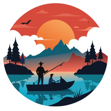Gün batımında ailesiyle sakin bir göl ortamında huzurlu bir balık avının tadını çıkarıyorum. - Evet. Yapay zeka üretildi. Vektör simgesi