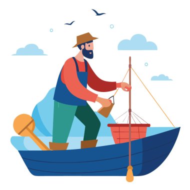 Balıkçı, denizdeki teknesinde ağ onarıyor. Başka bir balık avlama macerasına hazırım. Yapay zeka üretildi. Vektör simgesi