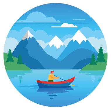 Berrak mavi gökyüzünün altında dağlarla çevrili sakin bir göldeki kanoda balık tutmak yapay zeka oluşturur. Vektör simgesi