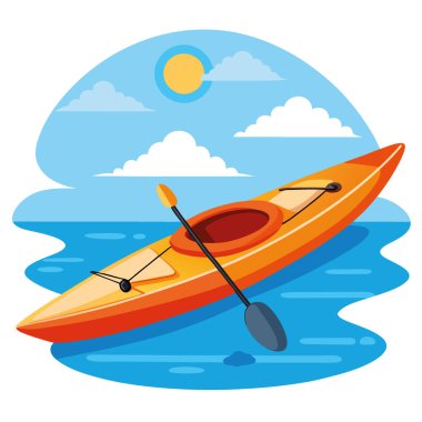 Tertemiz turuncu kano pırıl pırıl sularda maceraya hazır. Güneşli bir hava. Yapay zeka üretildi. Vektör simgesi